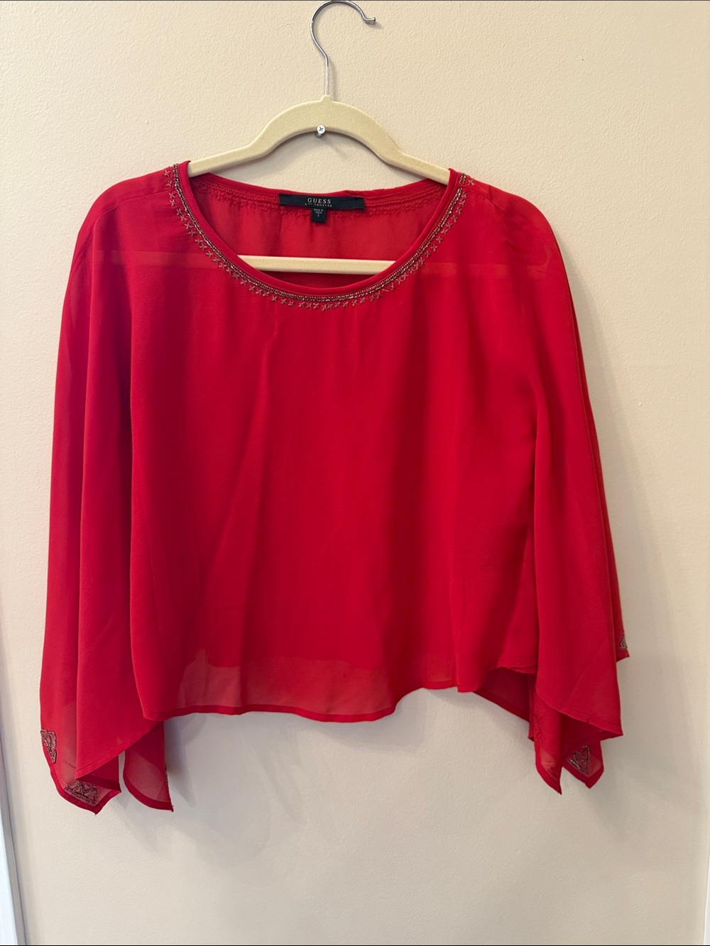 Guess Red Beaded Scoop Neck Chiffon Blouse